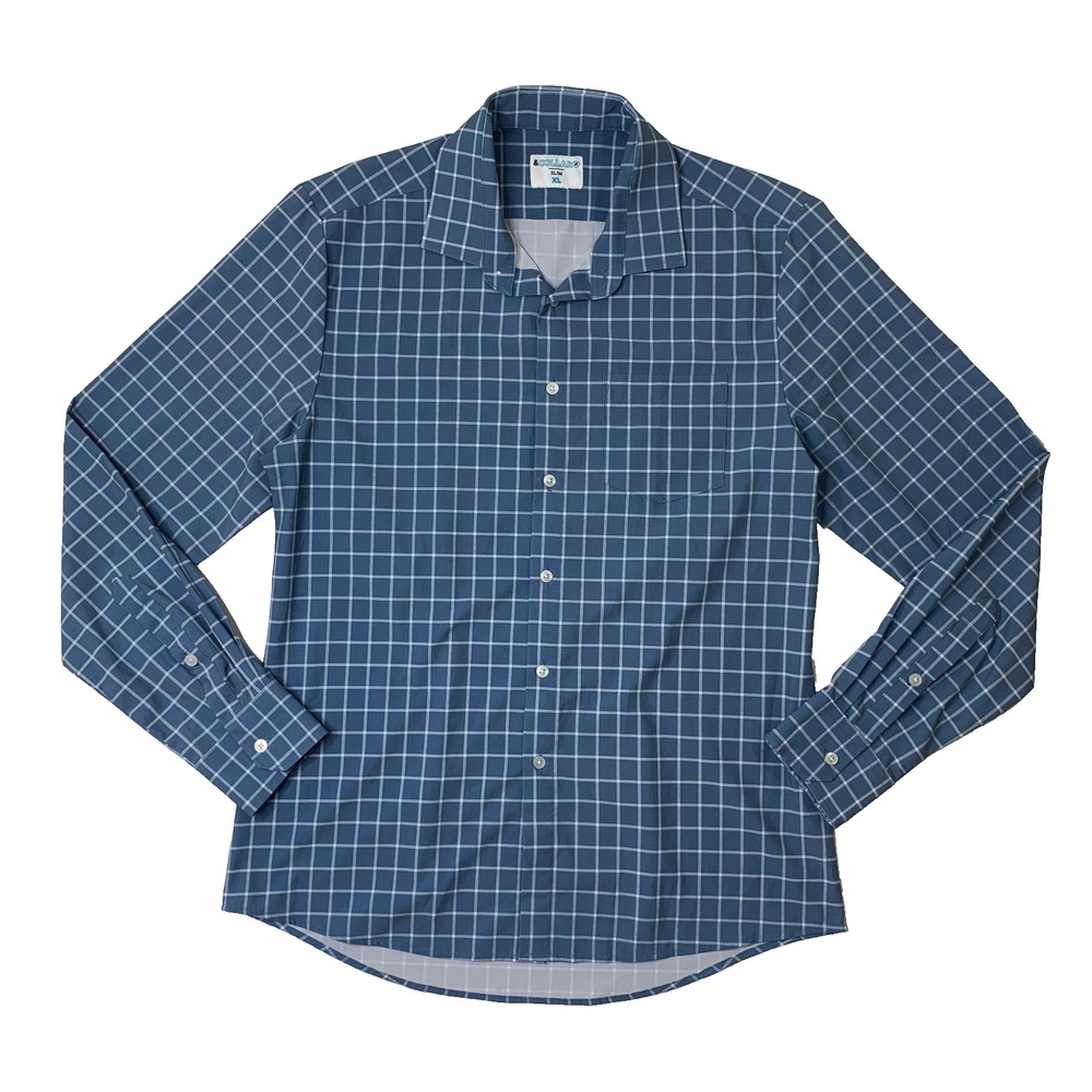 &Collar Shirt Mens XL Smokey Blue White Slim Fit Performance Windowpane Stretch